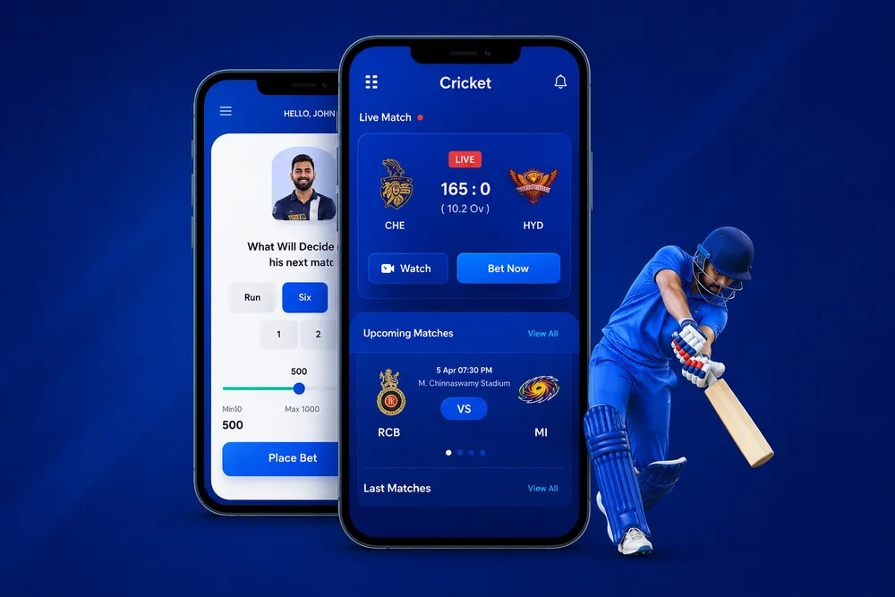 Fantasy cricket app screens with live match score, betting options and upcoming matches