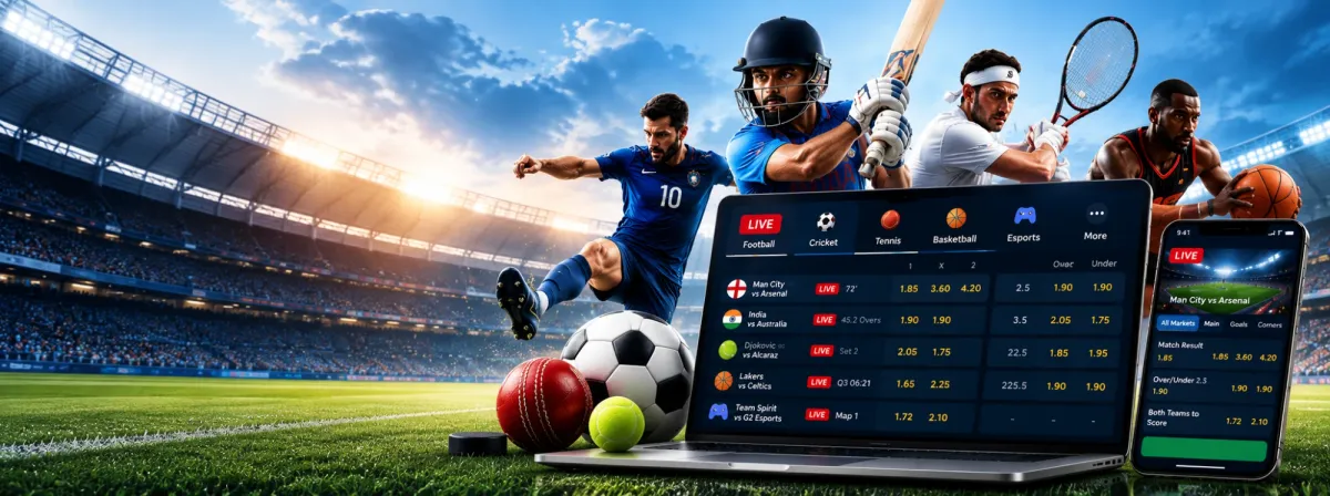 All panel betting platform with live odds on laptop and mobile