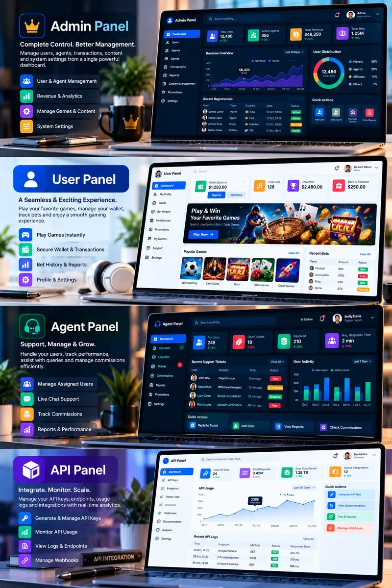 All panel platform: admin panel, user panel, agent panel and API panel dashboards