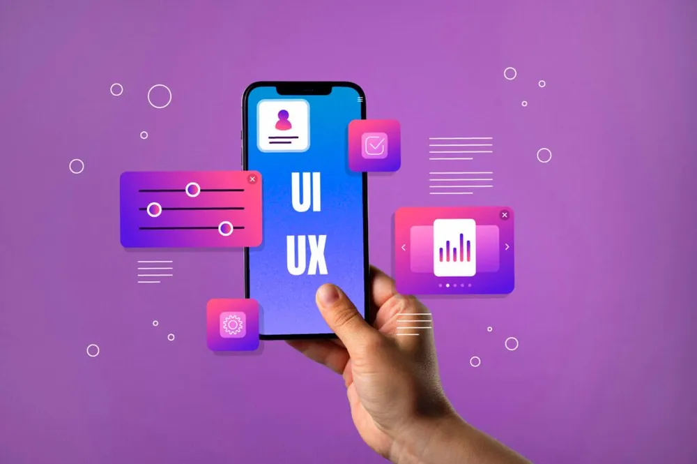 Hand holding a smartphone with floating UI/UX app design screens