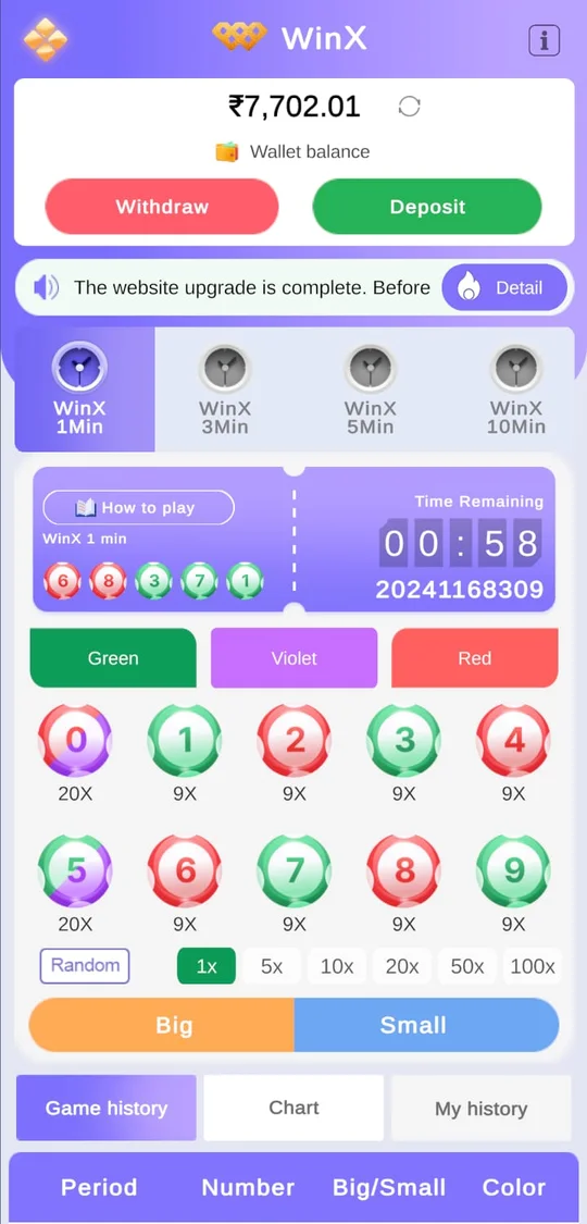 Color prediction game app screen: wallet balance, 1, 3, 5 and 10 minute rounds, Green, Violet and Red, numbers 0 to 9 and Big or Small