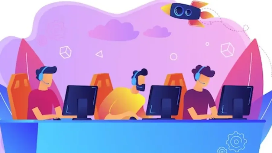 Illustration of a game development team building a fantasy game