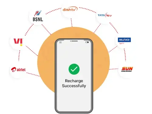 Phone showing "Recharge Successfully" surrounded by Indian mobile and DTH operators