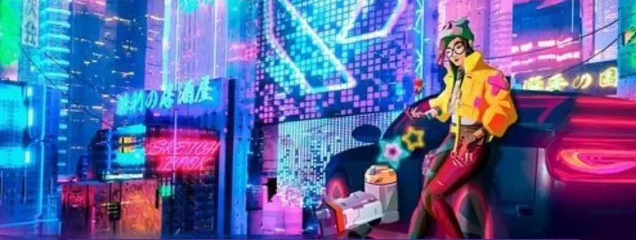 Neon city game art with a gamer character — mobile game app development