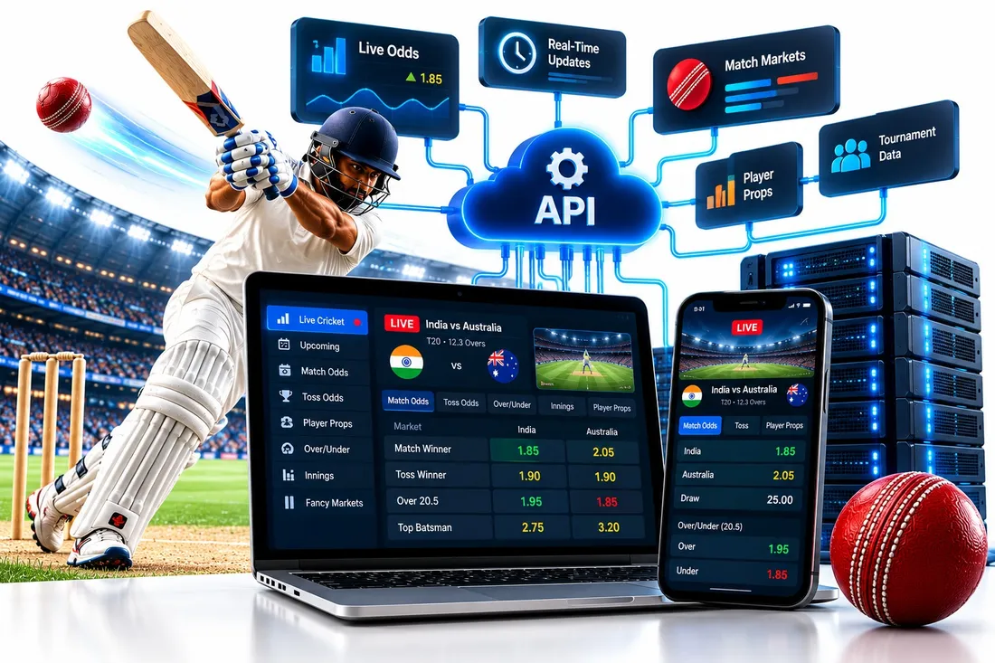 Cricket betting platform with match odds, toss odds, over/under and player props on laptop and mobile
