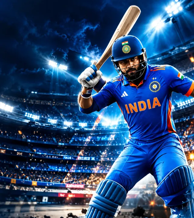 Cricket batsman at a floodlit stadium during a live match