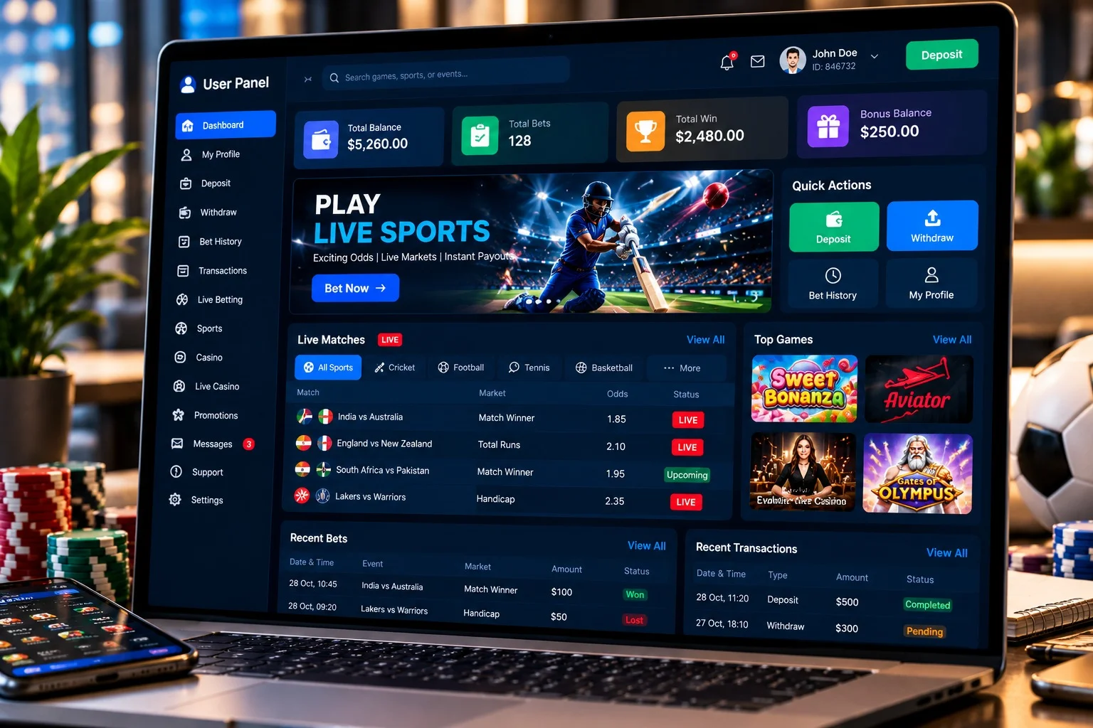 User Panel of an all panel betting and gaming platform